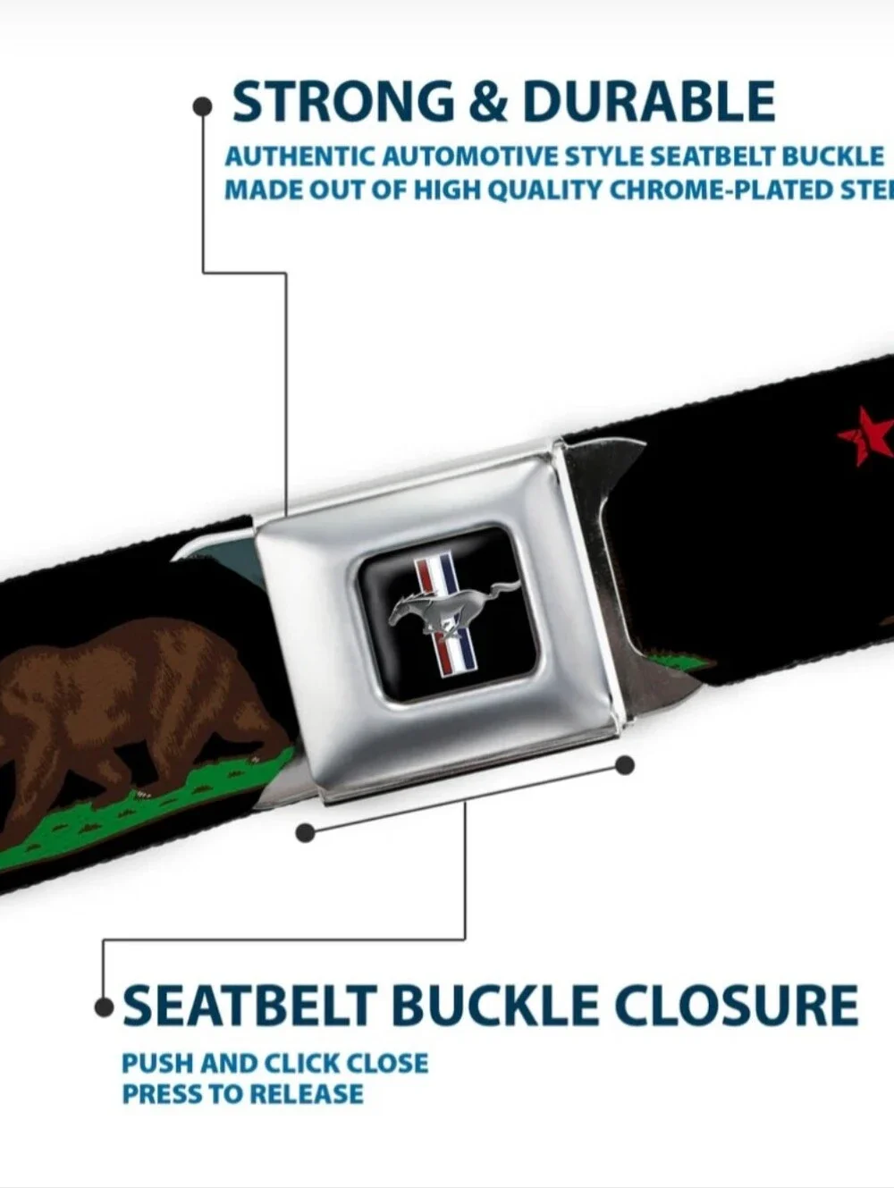 Buckle Down Ford Mustang Seatbelt Belt California Bear Adjustable 28